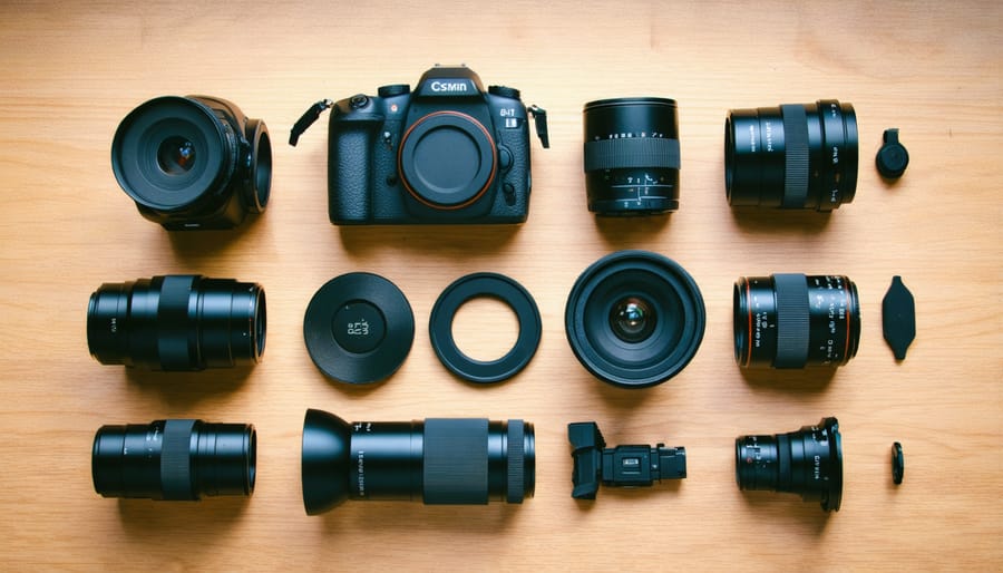 Essential night photography gear laid out on a table