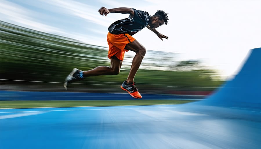 Action shot of an athlete leaping in mid-air during a high-intensity sport, highlighting dynamic movement and motion blur.