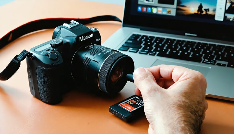 Photographer importing photos from a memory card to a computer for backup and organization