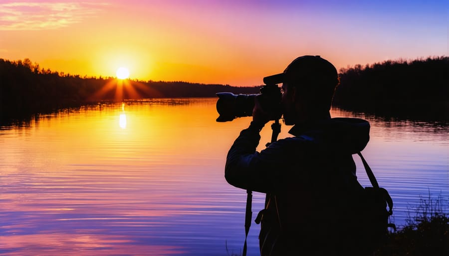 Photographer silhouette capturing a scenic sunset over a lake