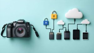 Illustration depicting a secure photography backup workflow, featuring a camera, external drives, and cloud storage icons, interconnected to represent the 3-2-1 backup rule.