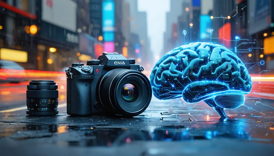 A collection of modern photography equipment including a mirrorless camera, advanced smartphone, and AI representation, symbolizing current industry trends.