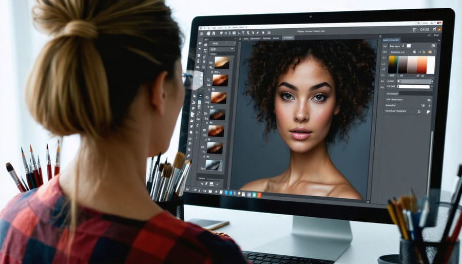 Digital artist editing a portrait on a computer screen using Photoshop, illustrating transformation with enhanced skin texture, reshaped features, and creative color grading.