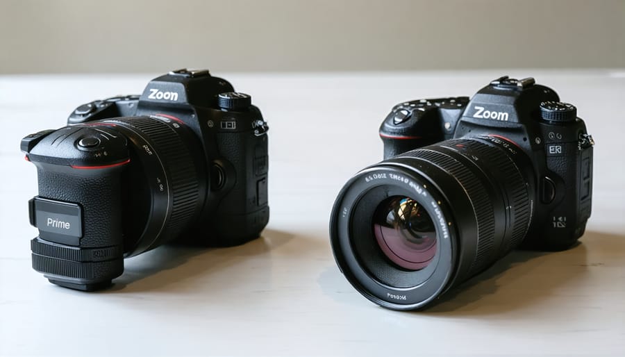 Comparison image showing the physical differences between a prime lens and a zoom lens