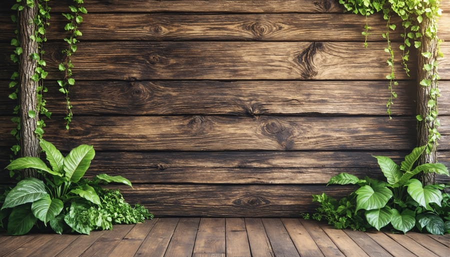 Rustic wood backdrop with natural foliage and greenery elements