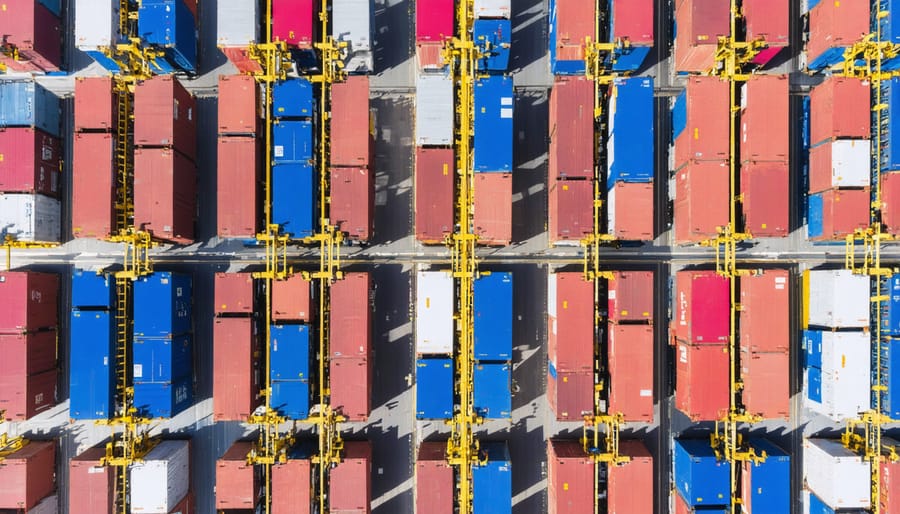 Mesmerizing aerial view of colorful shipping containers forming an abstract pattern