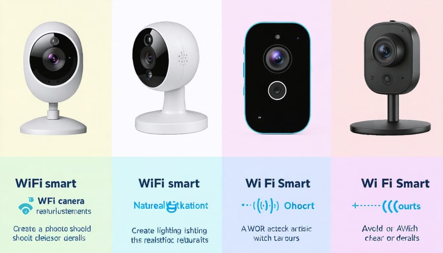 Side-by-side comparison of popular WiFi smart camera models with callouts for key features