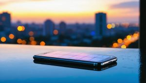 A smartphone on a reflective surface capturing a cityscape with warm golden hour hues and vibrant night lights, demonstrating composition techniques like leading lines, symmetry, and the rule of thirds grid visible on its screen.