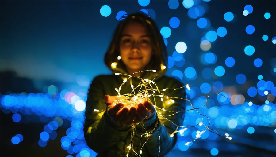 Hands holding string lights to create a magical bokeh effect