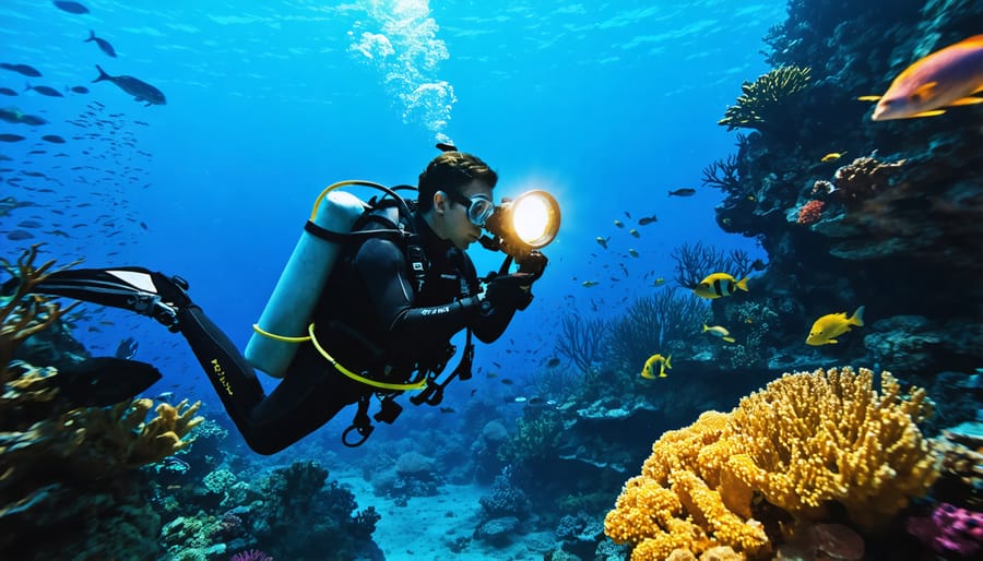 Scuba diver with a professional camera setup capturing a colorful coral reef and marine life, illuminated by strobe lights.