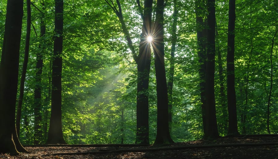 Sunlight filtering through a forest canopy at various intensities