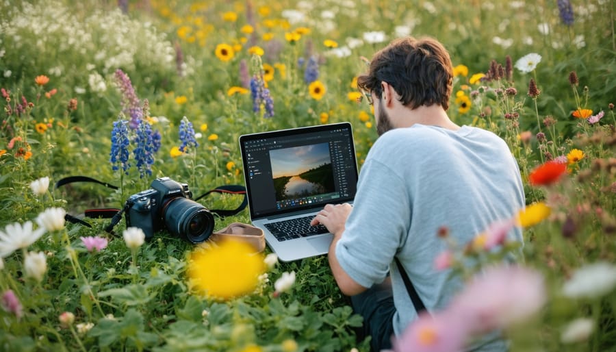 Photographer using digital workflow methods and rechargeable batteries in nature