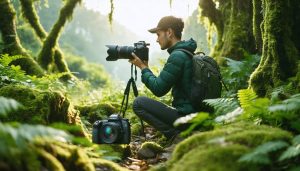 Photographer immersed in nature, using high-quality and eco-friendly camera gear, emphasizing sustainable shooting practices under natural light.