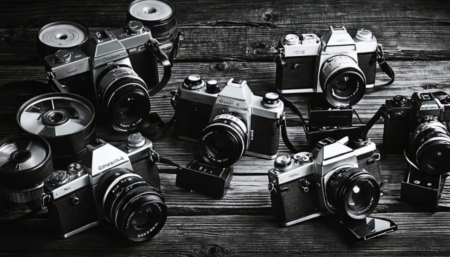 Overhead view of vintage cameras and black and white film canisters on a wooden table, highlighting the textures and contrasts in a classic film photography setup.