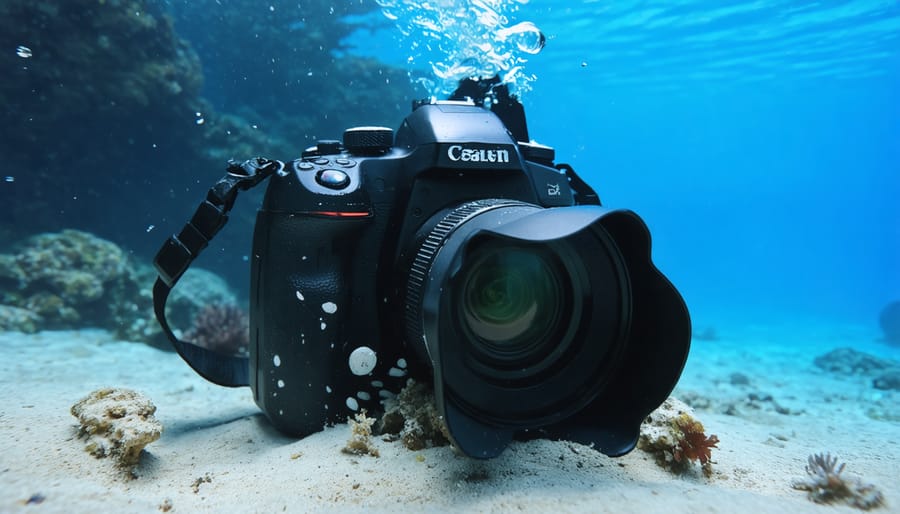 Scuba diver holding an underwater camera and housing setup