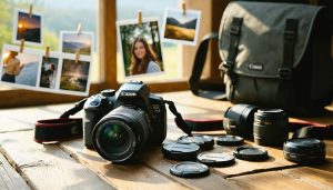 A Canon DSLR camera with an all-purpose zoom lens on a wooden table, surrounded by photography accessories, demonstrating versatility for portraits and landscapes.