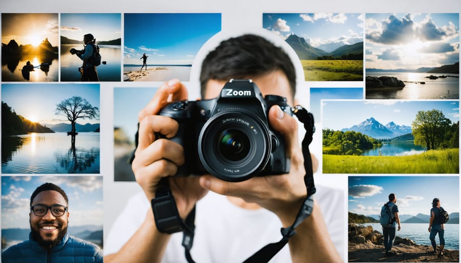 A diverse range of photography scenes captured with a zoom lens, illustrating the adaptability of zoom lenses for different subjects and distances.