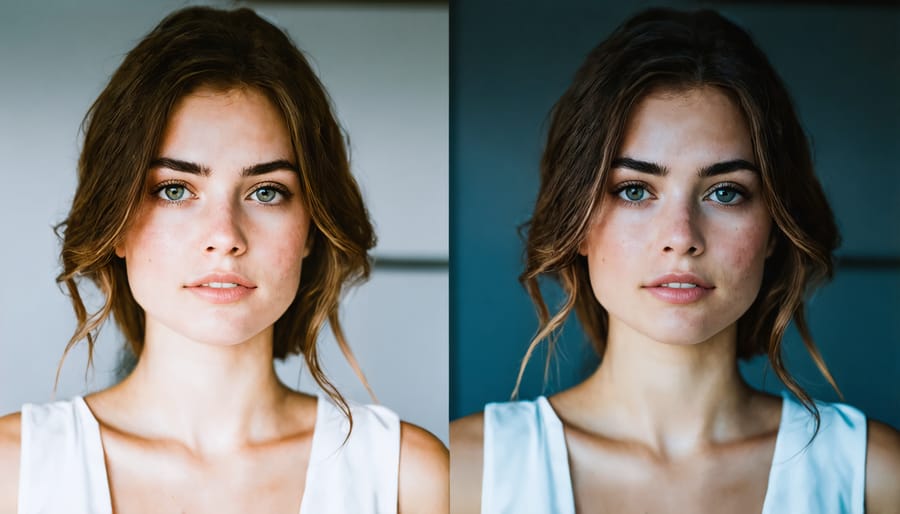 Comparison of a portrait with vintage film and modern matte color grading effects applied in Photoshop.