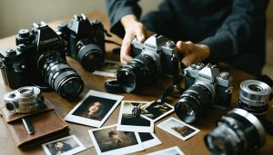 A photographer immersed in using vintage cameras, surrounded by film, light meters, and developed photos showcasing the nostalgic charm of analog photography.