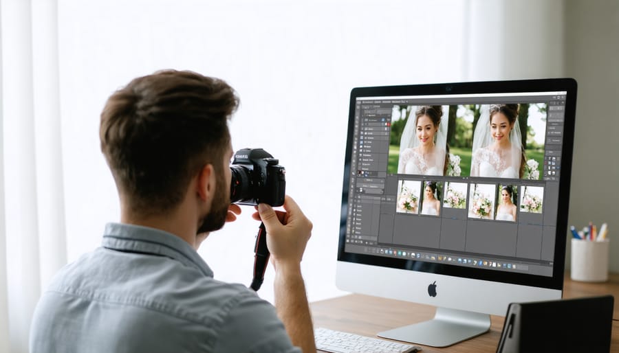 Wedding photographer editing and retouching photos in post-production