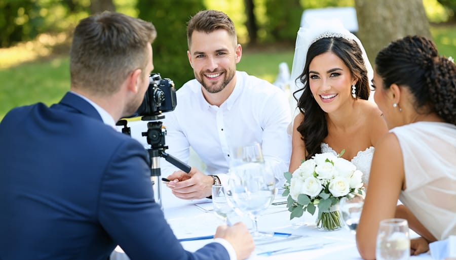 Photographer consulting with bride and groom before wedding