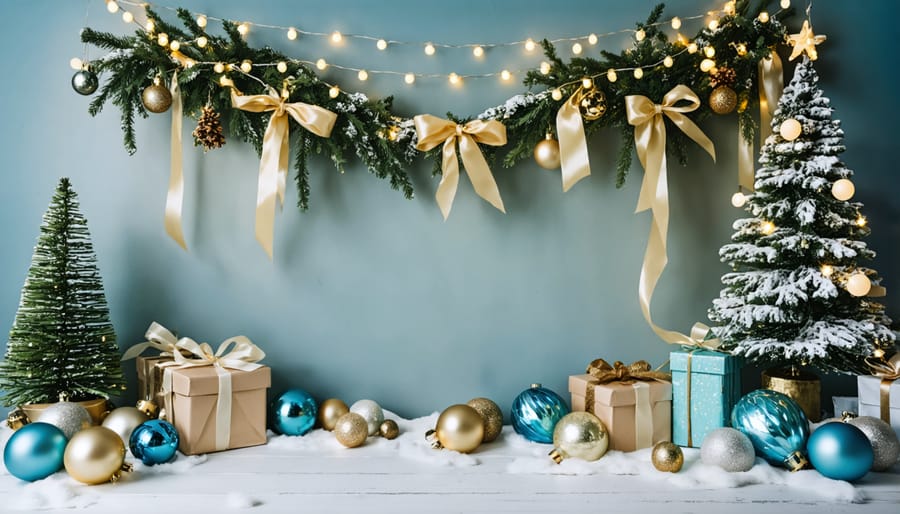 Whimsical photo backdrop with hanging string lights, ribbons, and ornaments