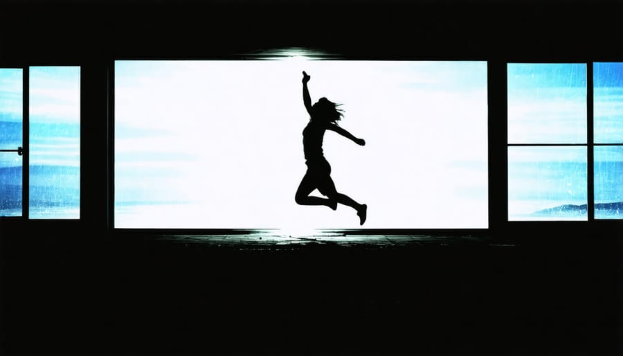 Dramatic silhouette of a person jumping, created using window light