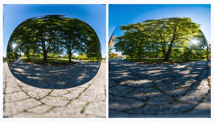 Side-by-side comparison of raw 360-degree camera footage and AI-processed final image