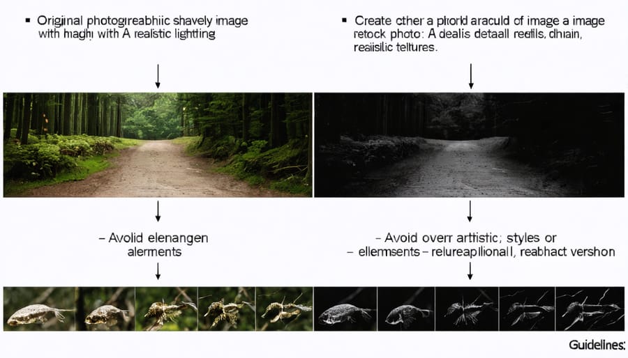 Side-by-side comparison of an unedited landscape photo and its AI-modified version showing exaggerated colors and features