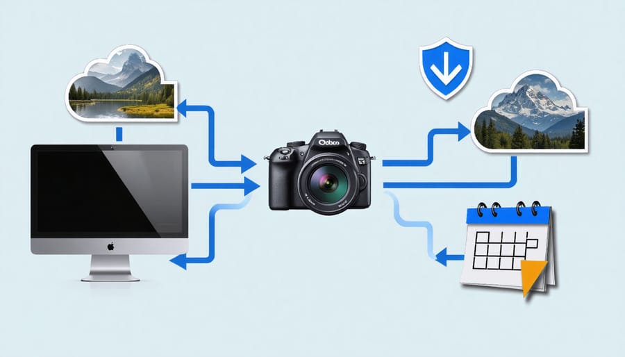 Conceptual illustration depicting a photography backup system with three sets of photos linked to a computer, external hard drive, and cloud storage, symbolizing secure and regular data backup practices.