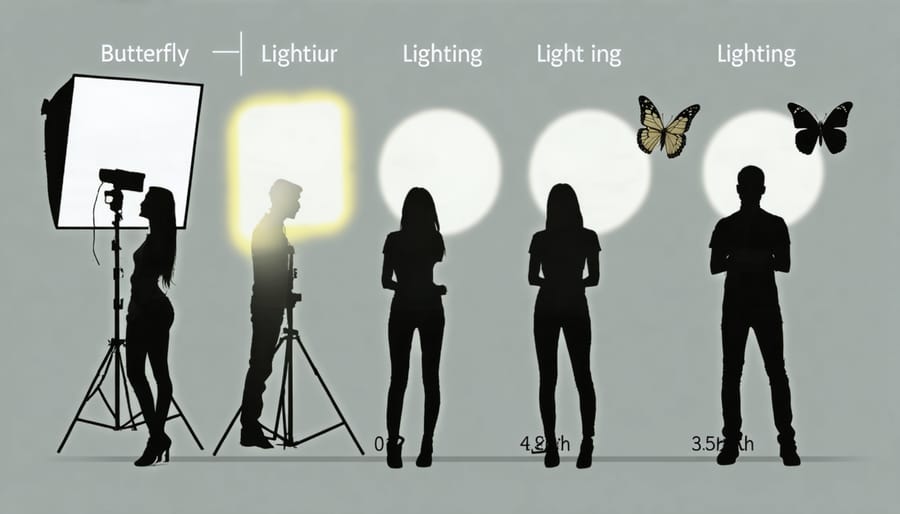 Technical diagram of butterfly lighting arrangement showing light position, subject, and shadow patterns