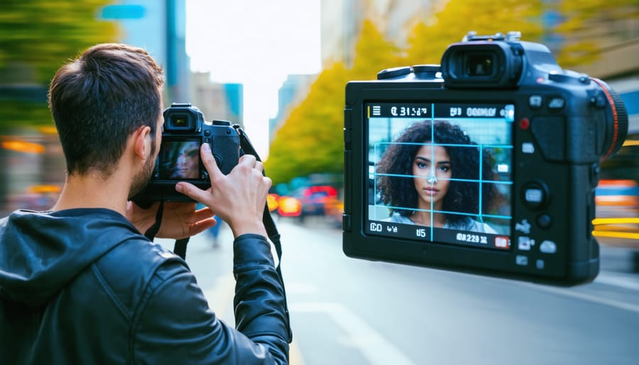 A photographer using advanced camera automation features in an urban setting, with visual overlays illustrating eye detection and subject tracking capabilities.