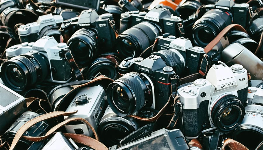 Electronic waste consisting of old cameras, lenses, and photography equipment