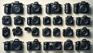 An artistic illustration showing a variety of camera sensors, from small smartphone sensors to large medium format sensors, displayed side by side to emphasize their size differences.