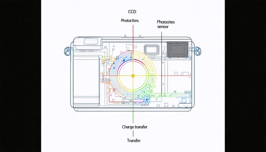 Cross-sectional diagram of CCD sensor architecture showing photoelectric conversion and charge transfer process