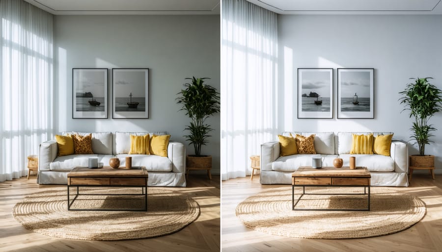 Side-by-side comparison showing interior photo before and after color temperature adjustment