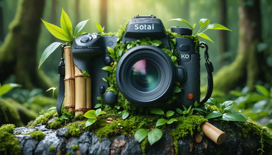 A modern camera featuring bamboo handles, solar panels, and lenses made from ocean plastic, representing sustainable photography equipment.