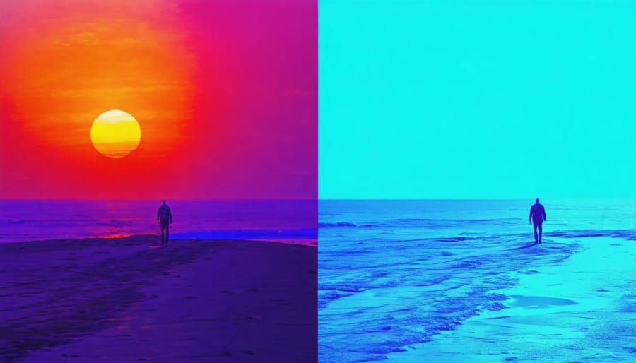 Split-screen comparison of a landscape scene with warm orange tones versus cool blue tones demonstrating emotional color impact