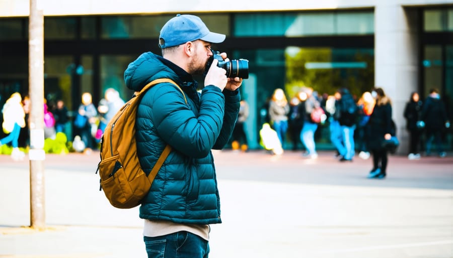 Photographer maintaining appropriate distance from subjects while taking photos on a busy street