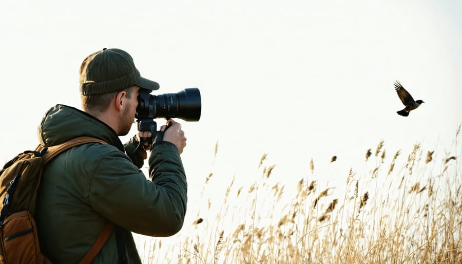 Professional photographer demonstrating ethical wildlife photography techniques with proper equipment