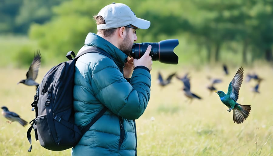 Responsible wildlife photographer using telephoto lens to photograph birds without disturbing them