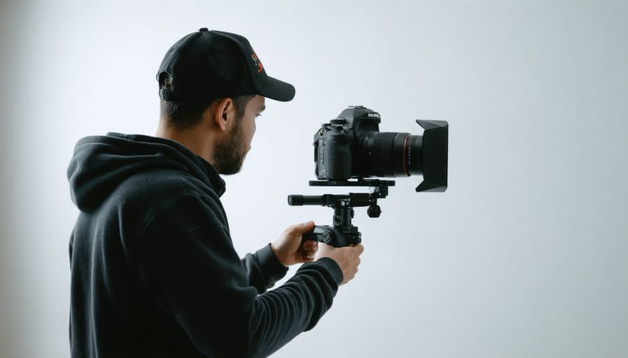 Photographer demonstrating proper use of a electronic gimbal stabilizer system