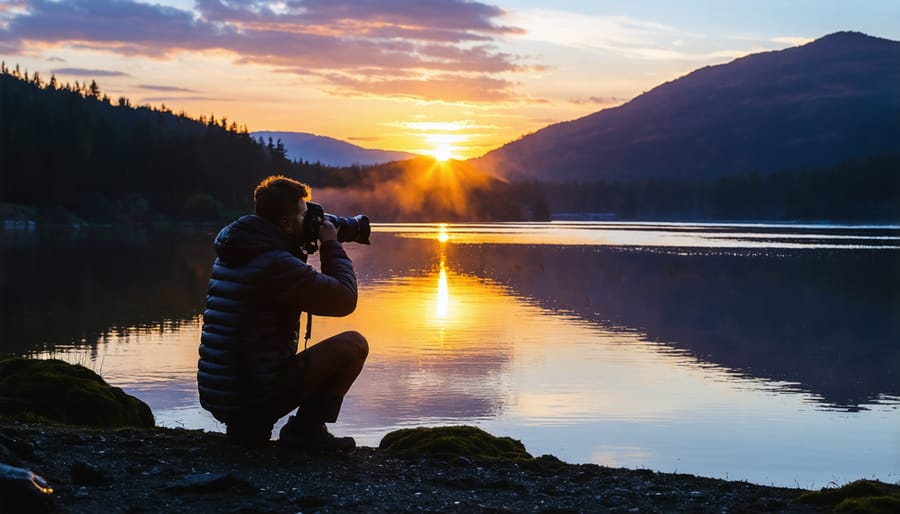 Silhouette of photographer capturing mountain sunrise during golden hour