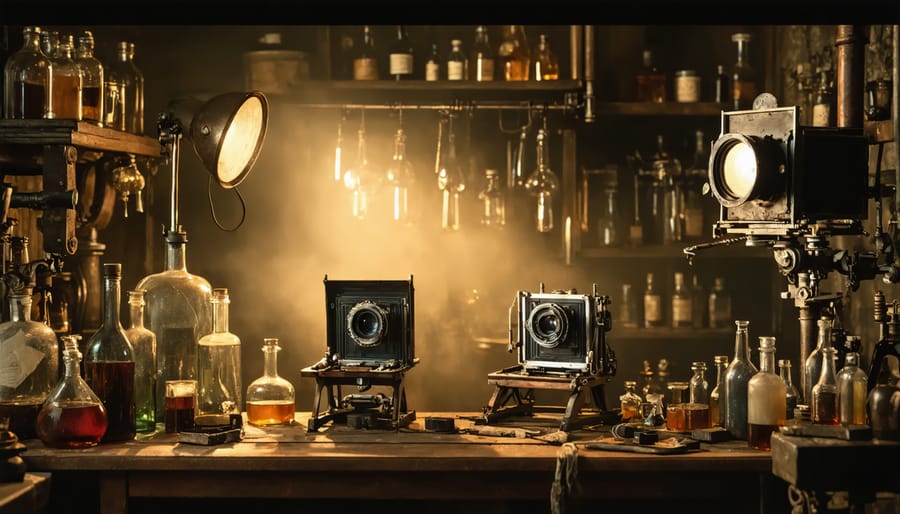 A vintage 1800s darkroom interior showcasing historical photographic equipment including a large-format camera, daguerreotype plates, and chemical bottles, all highlighted by warm, ambient lighting.