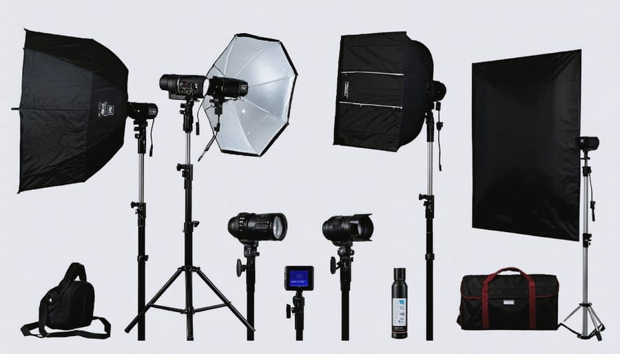 Essential interior photography lighting equipment arranged for demonstration