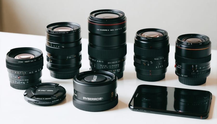 Various DSLR camera lenses arranged beside a modern smartphone