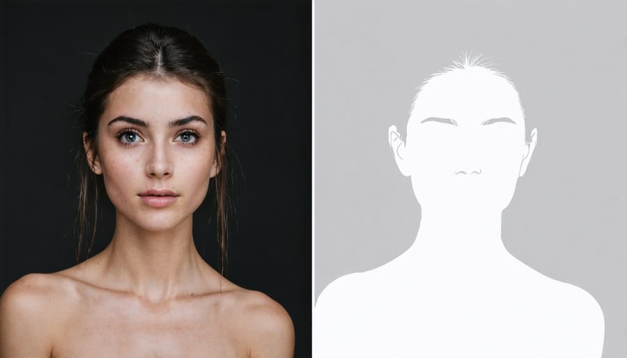 Before and after comparison showing a portrait in flat lighting versus professional 3 point lighting