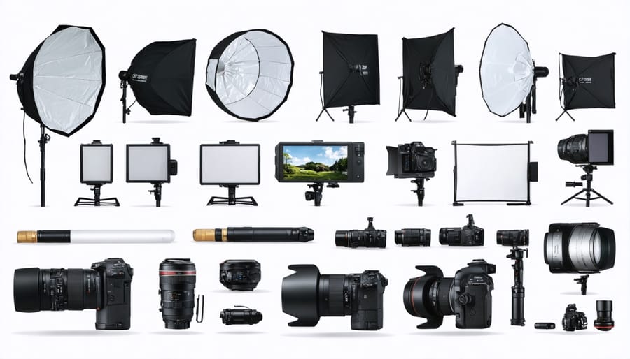 Collection of photography lighting equipment including softboxes, diffusers, reflectors, and light stands