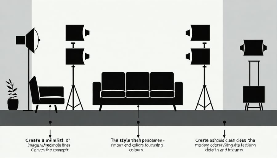 Technical diagram illustrating optimal flash positioning for large room photography