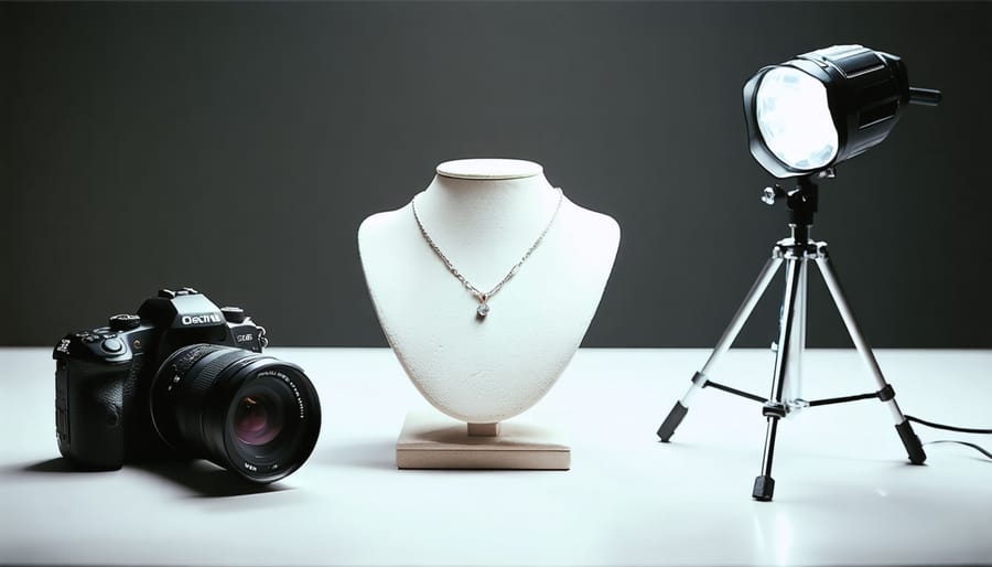 Complete macro photography equipment setup for jewelry photography with labeled components